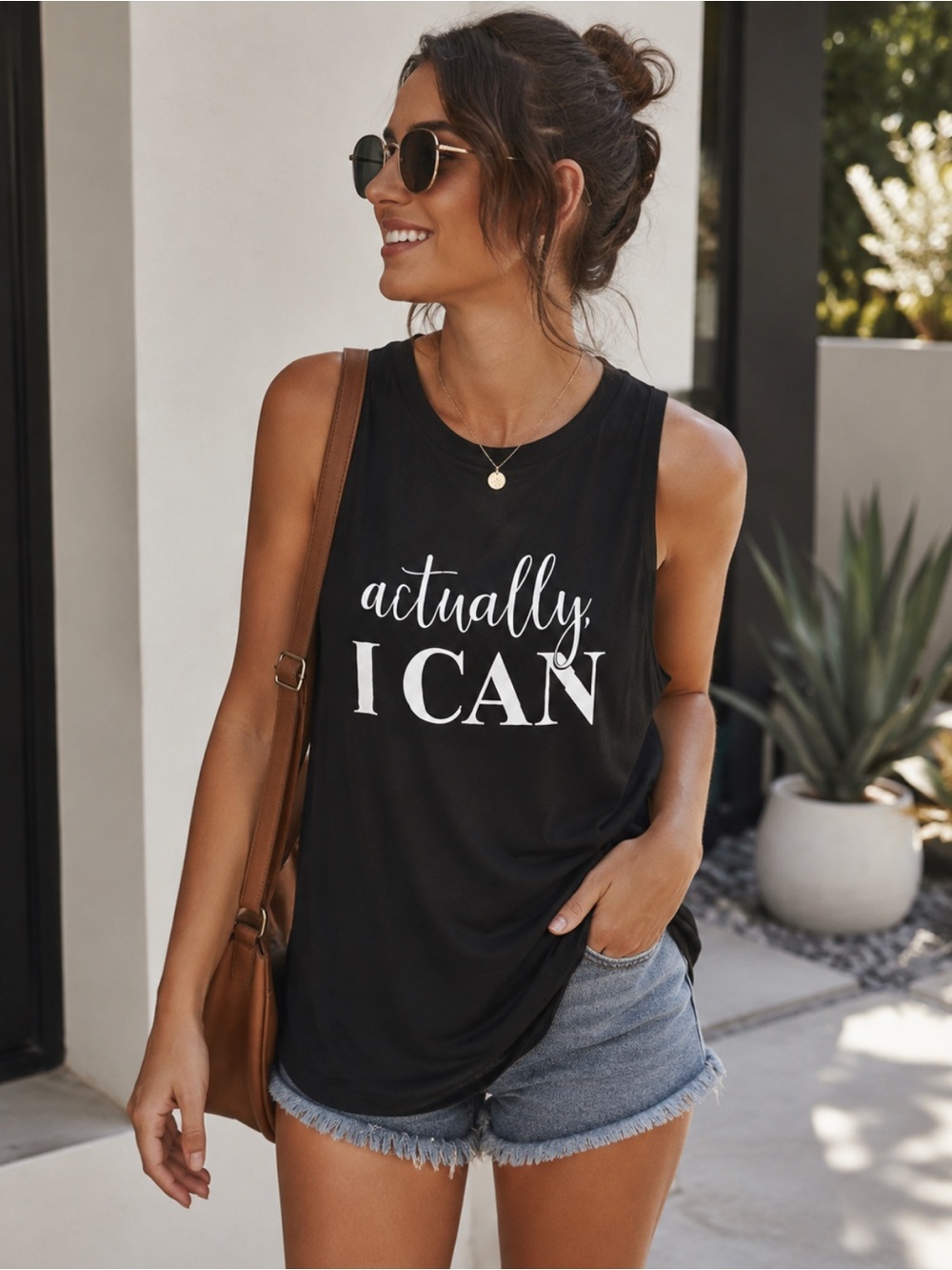 Black 'Actually, I CAN' Graphic Sleeveless Tank Top